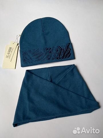 Новая трикотажная шапка со стразами и снуд 50-52-5