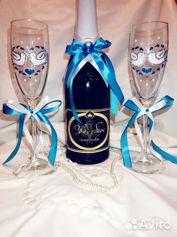 Свадебный набор Бирюза бокалы+укр.на бутылку