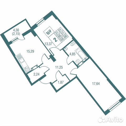 2-к квартира, 68.7 м², 8/25 эт.