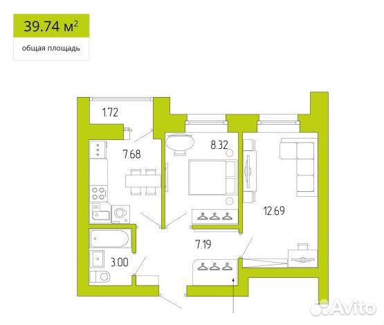 2-к квартира, 39.7 м², 5/8 эт.