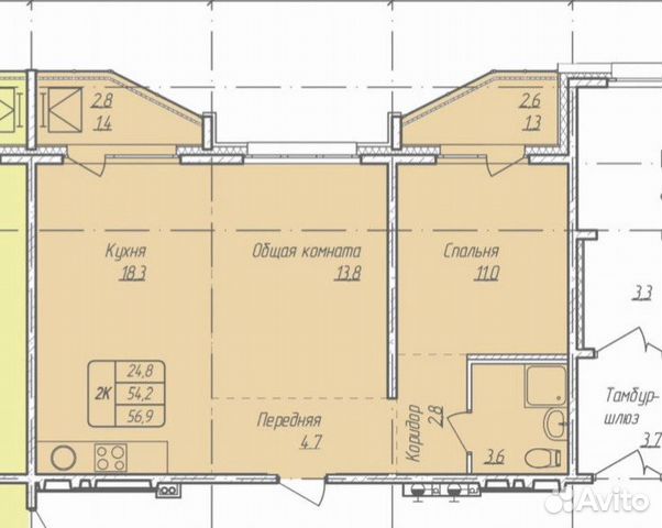 2-к квартира, 58 м², 2/17 эт.