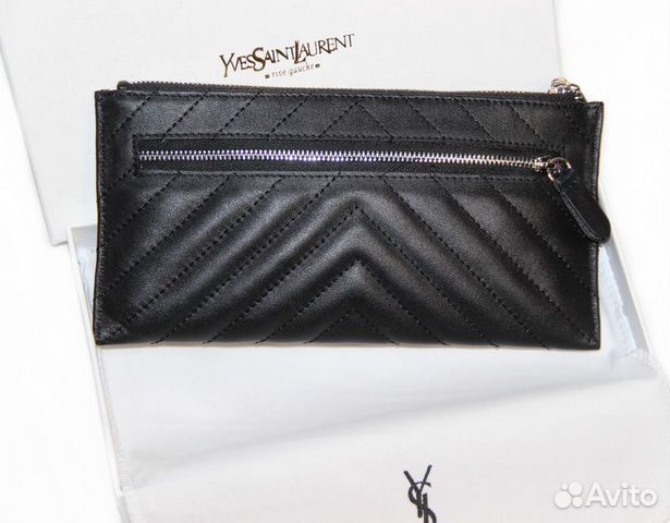 Кожаный женский кошелек на молнии YSL Black