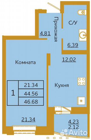 1-к квартира, 46.7 м², 9/18 эт. 1-к квартира, 46.7 м², 9/18 эт.