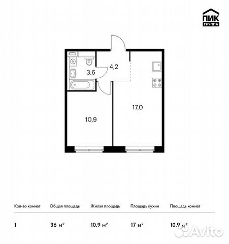 1-к квартира, 36 м², 1/9 эт.