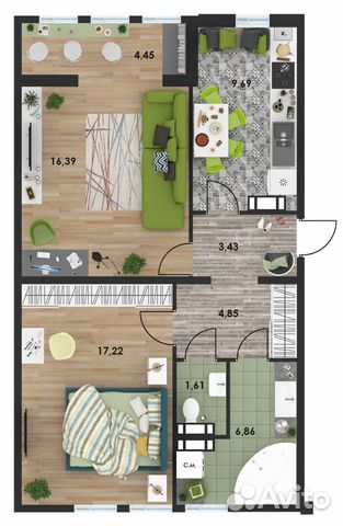2-к квартира, 62.4 м², 8/10 эт.