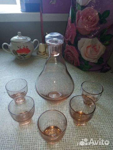 Набор графин и рюмки цветное стекло СССР
