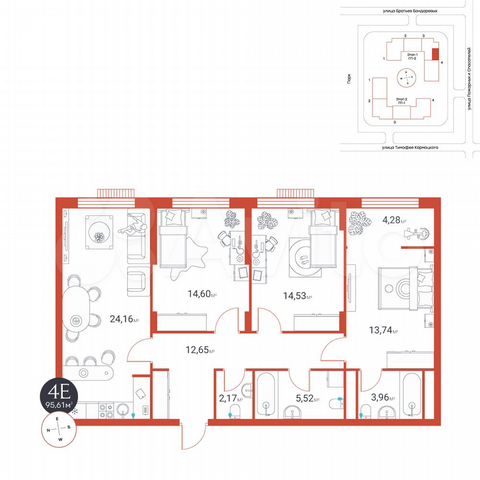 4-к. квартира, 95,6 м², 6/9 эт.