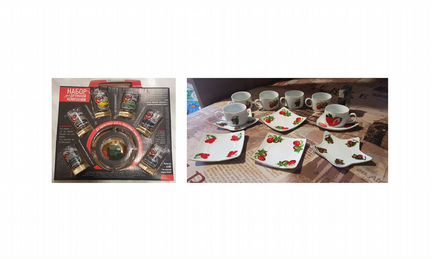 Наборы: 6 стопок и пепельница, чашки с блюдцами