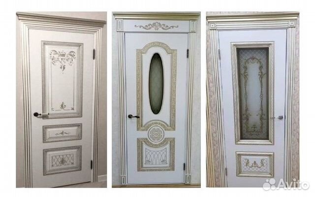 Дверь межкомнатная Эмаль Белая/ Патина золото