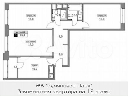 3-к квартира, 75.4 м², 12/22 эт.
