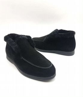 Лоферы зимние кожа замша лоро пиана черные синие в