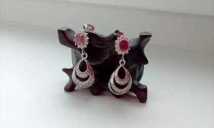 Серьги серебро 925, рубин, циркон
