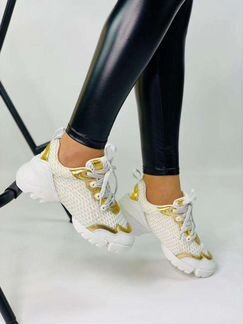 Кроссовки кеды белые кожа золото Диор