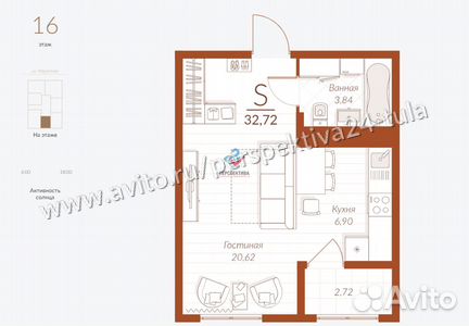 1-к квартира, 32.7 м², 16/16 эт.